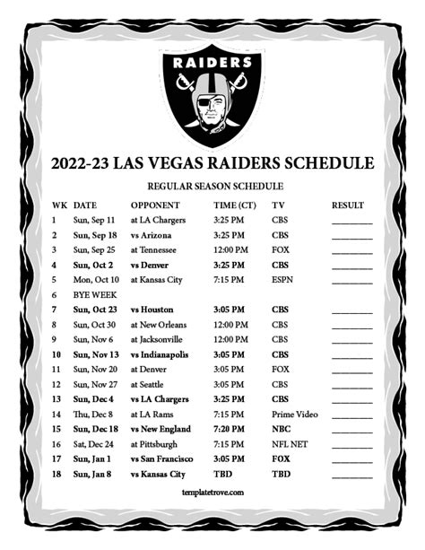 2022 Raiders Schedule Printable
